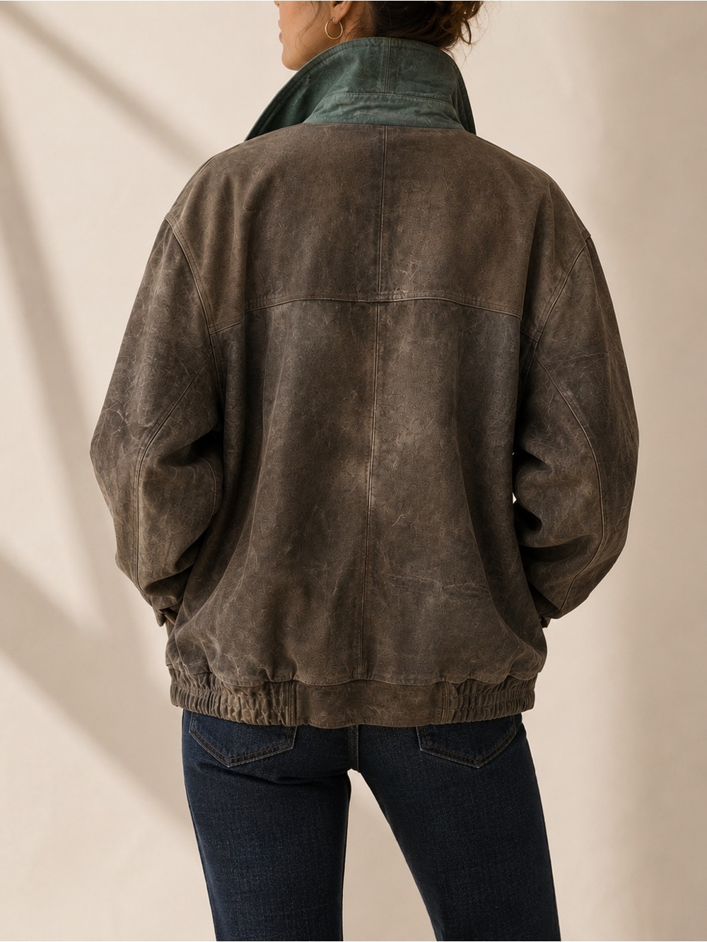 Vintage Distressed Suede Leather Bomber Jacket Oversized XXL Tall Green Collar